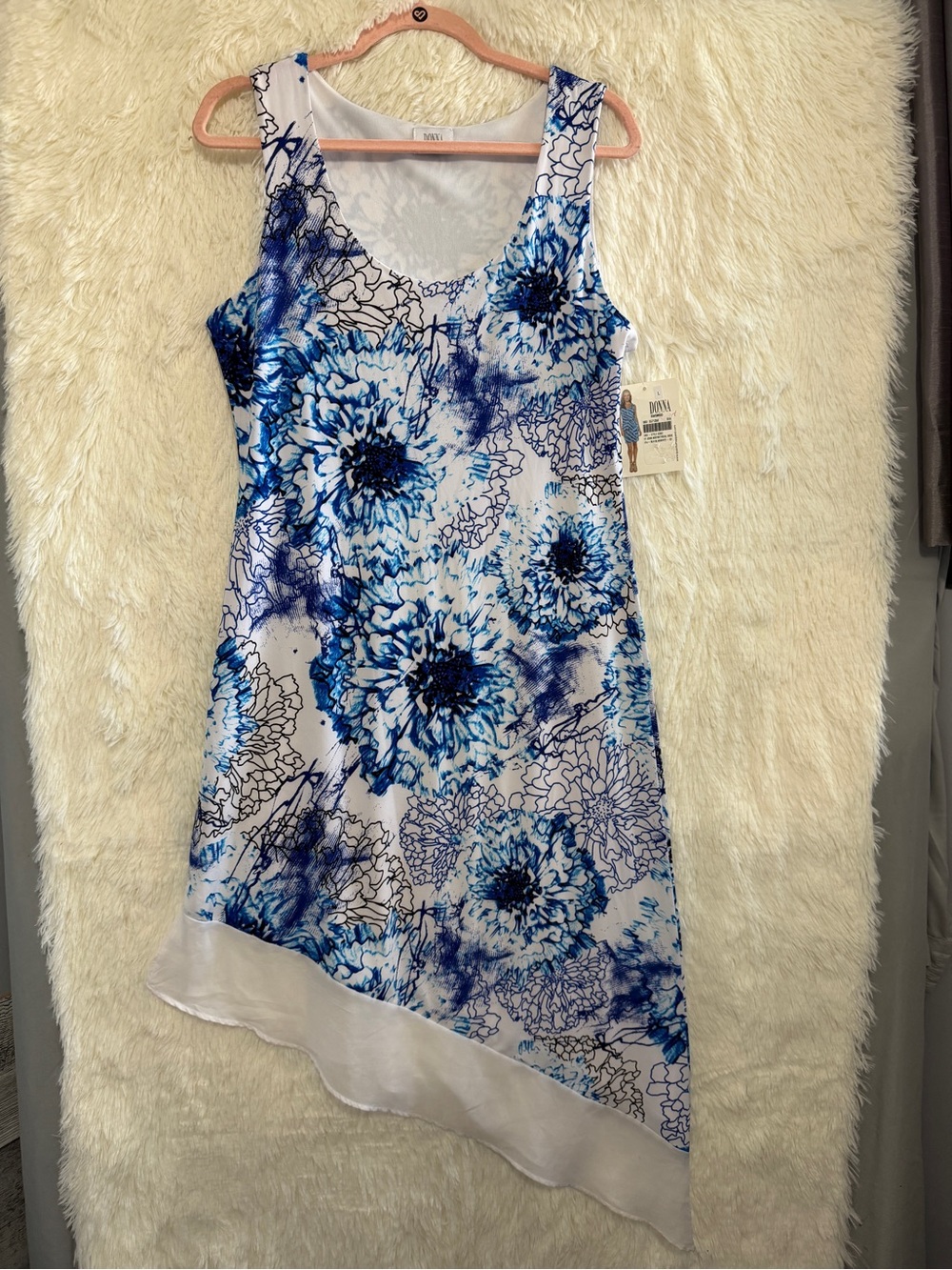 Donna Womens Coastal Sleeveless Floral Asymmetrical Dress Size L White Blue READ